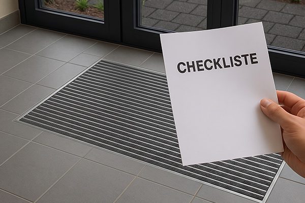 Bilder einer Eingangsmatte mit einer Hand die eine Checkliste hält